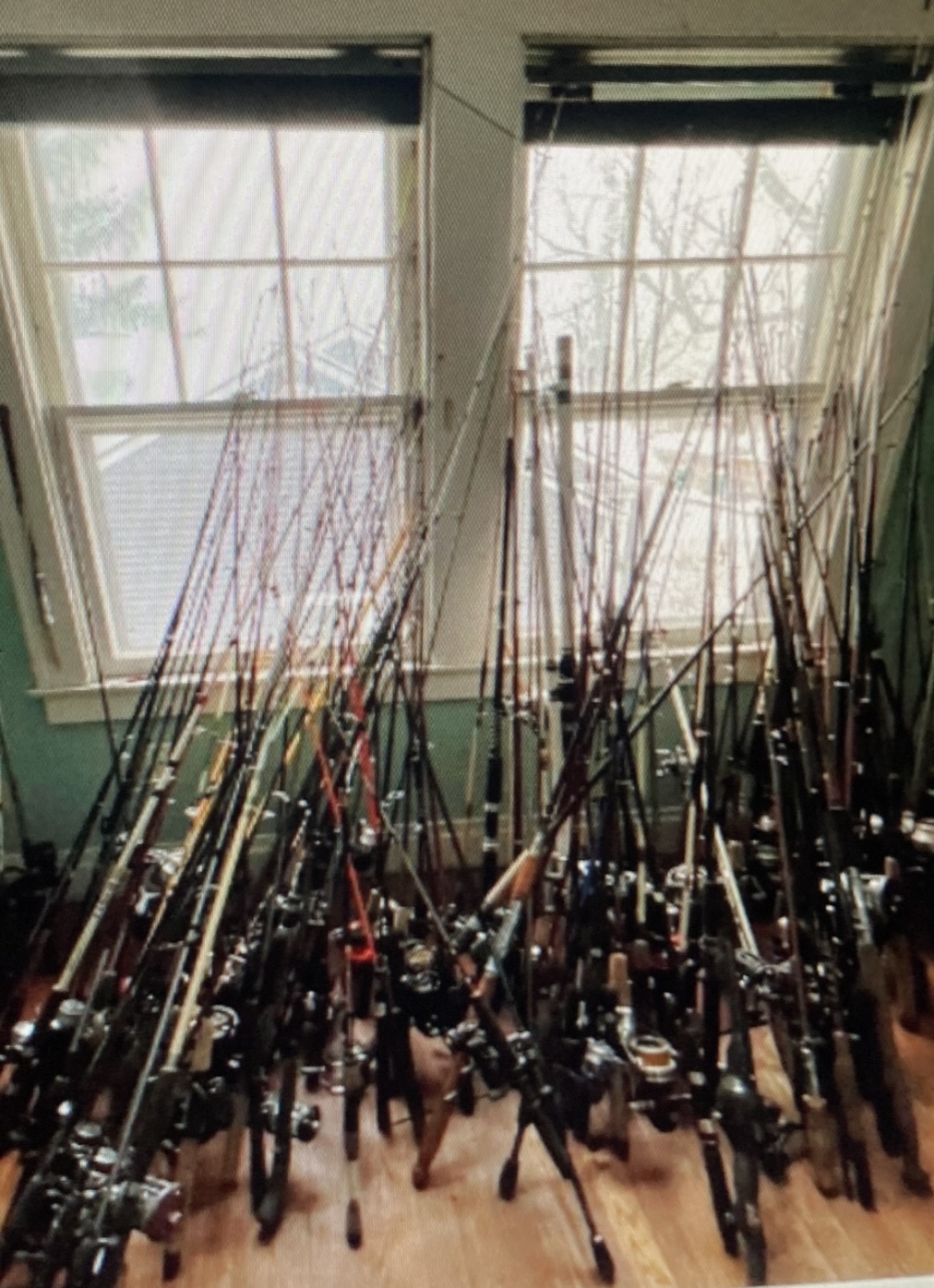 Dozens of Tito's vintage fishing rods and reels lined up by the workshop window — part of the current tackle inventory.